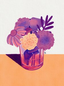 Digital artwork of a vase with flowers in funky colors.