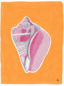 Digital design of a pink sea shell, with an orange background by Roxana Macias.